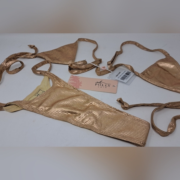 NWT Oh Polly Bikini Set 2 pc Heart of Gold Metallic Rose Gold High Waist Medium - Picture 2 of 12